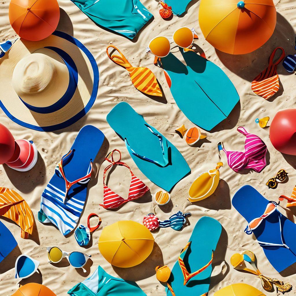 A visually striking illustration featuring diverse swimwear styles draped across a sandy beach, edged with flirtatious yet tasteful adult elements like playful beach props. Bright sunlight creates playful shadows, while a mix of swimwear designs from classic to contemporary floats in the air. The scene is inviting, highlighting the blend of fashion and a touch of adult allure. vibrant colors. super-realistic. summer vibes.