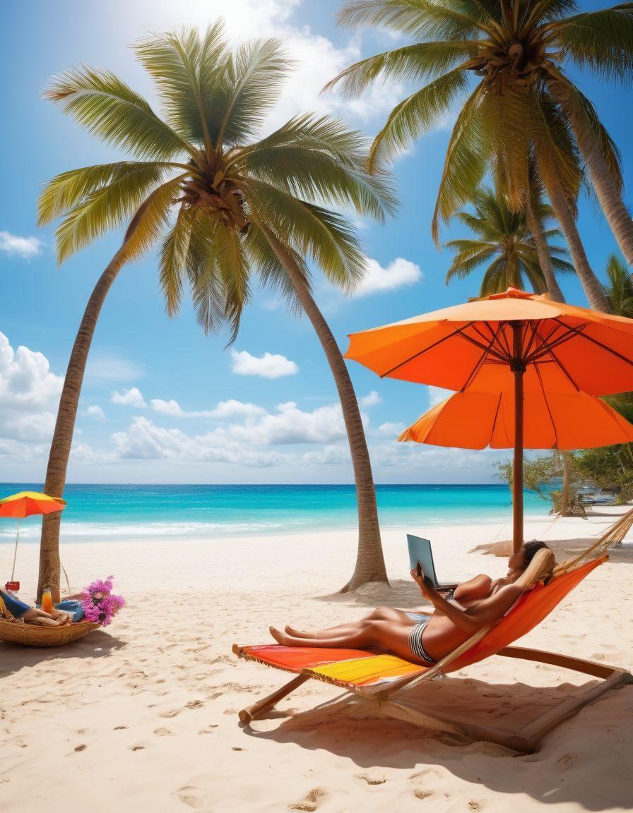 A vibrant beach scene featuring diverse people in stylish beachwear, sunbathing and enjoying water activities. In the background, a hammock strung between palm trees and colorful beach umbrellas. Include elements representing online adult entertainment, like a laptop on the sand, surrounded by tropical drinks. The sky is bright blue, with fluffy white clouds, giving a lively summer vibe. super-realistic. vibrant colors.